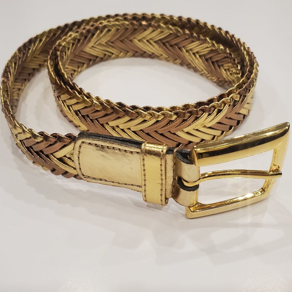 Women's Metallic Braided Woven Belt Gold & Bronze PVC Boho Southwestern Western